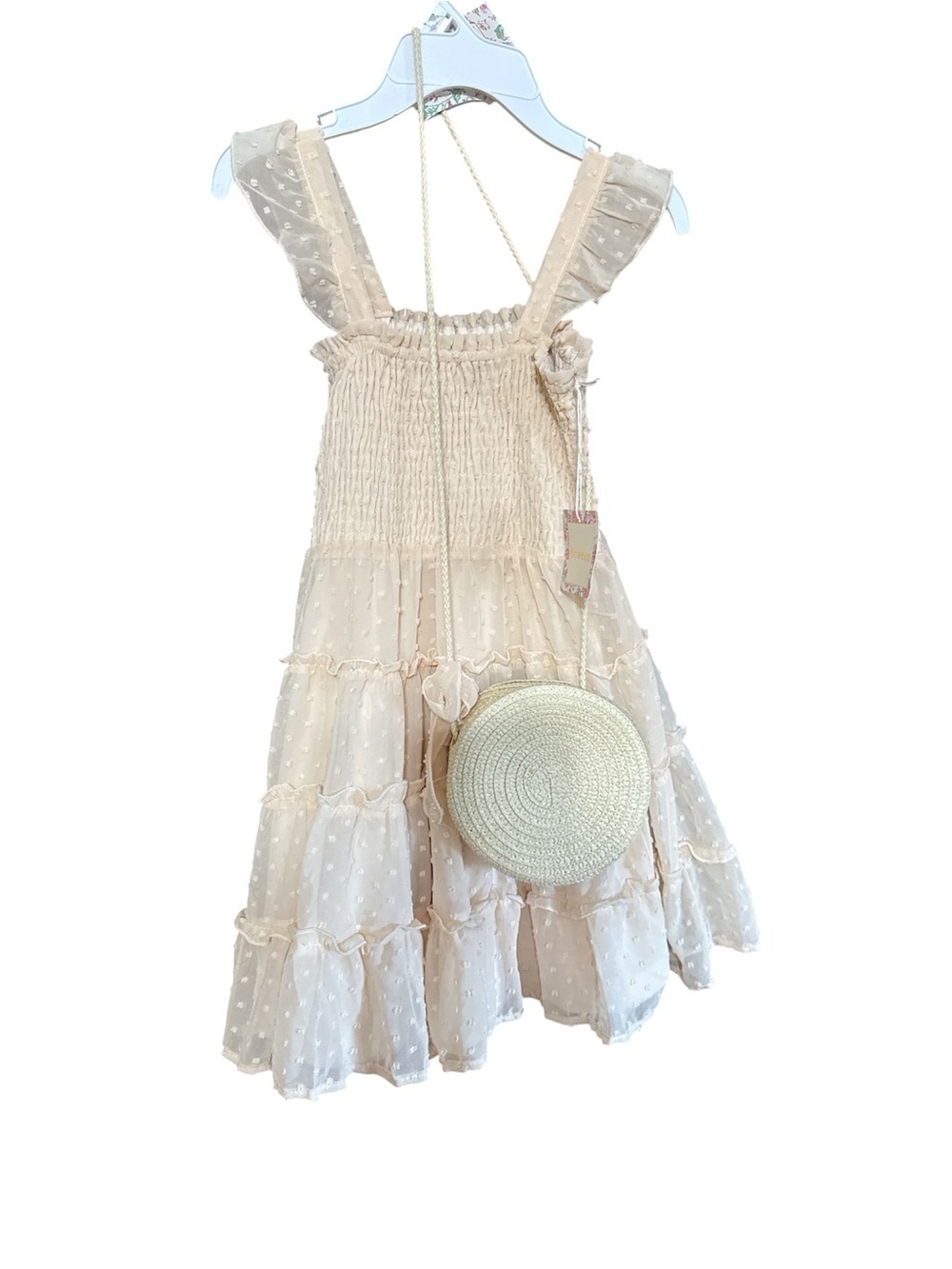 Btween Girls Peach Swiss Dot Tiered Ruffle Dress with Straw Purse NWT